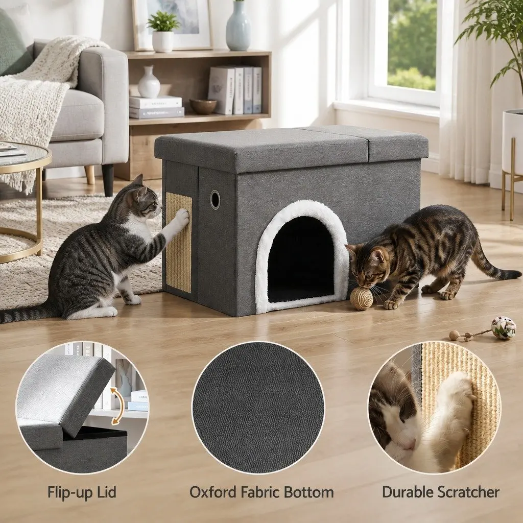 Storage Ottoman Cat Litter Box Enclosure Foldable Grey 64cm x 40cm x 40.5cm
