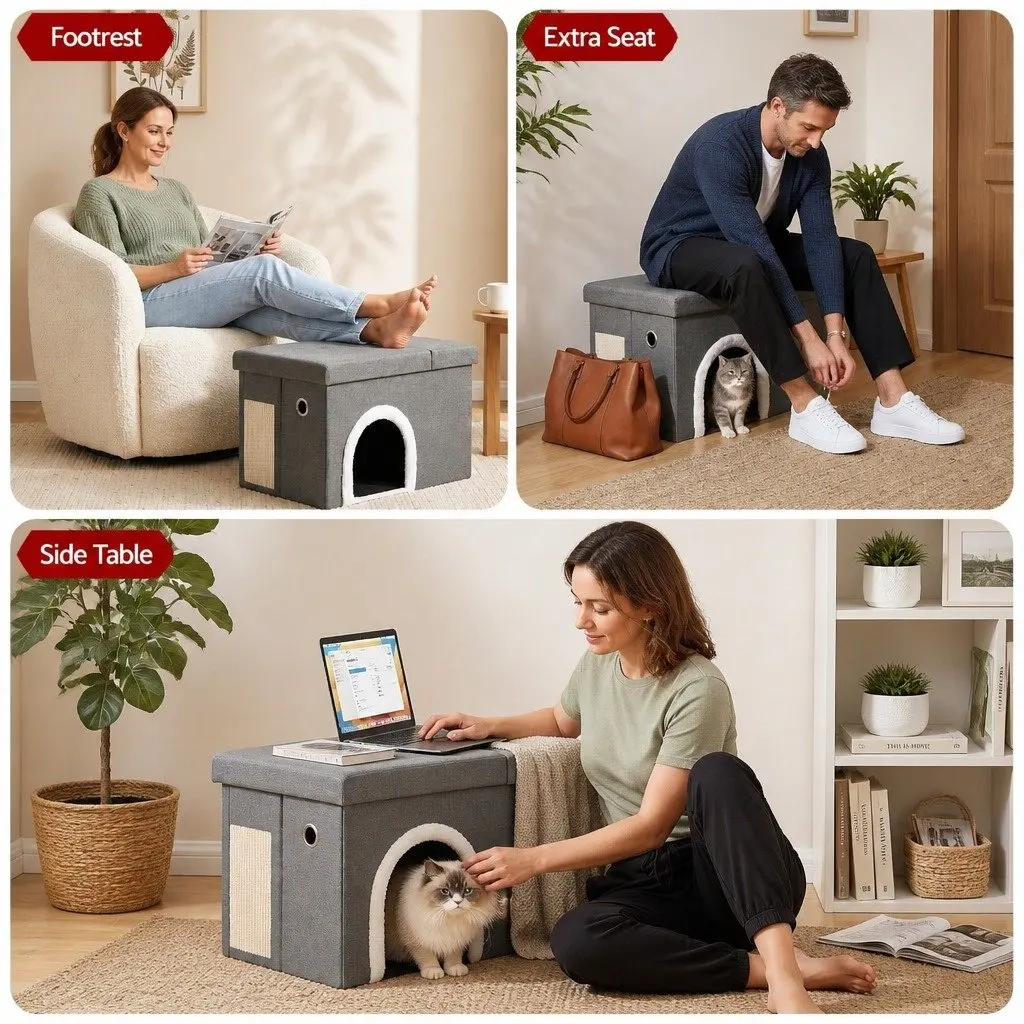 Storage Ottoman Cat Litter Box Enclosure Foldable Grey 64cm x 40cm x 40.5cm