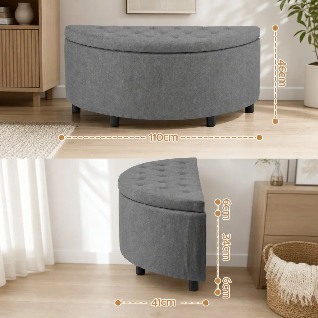 Storage Ottoman Bench Half Round Upholstered Tufted 110cm Grey