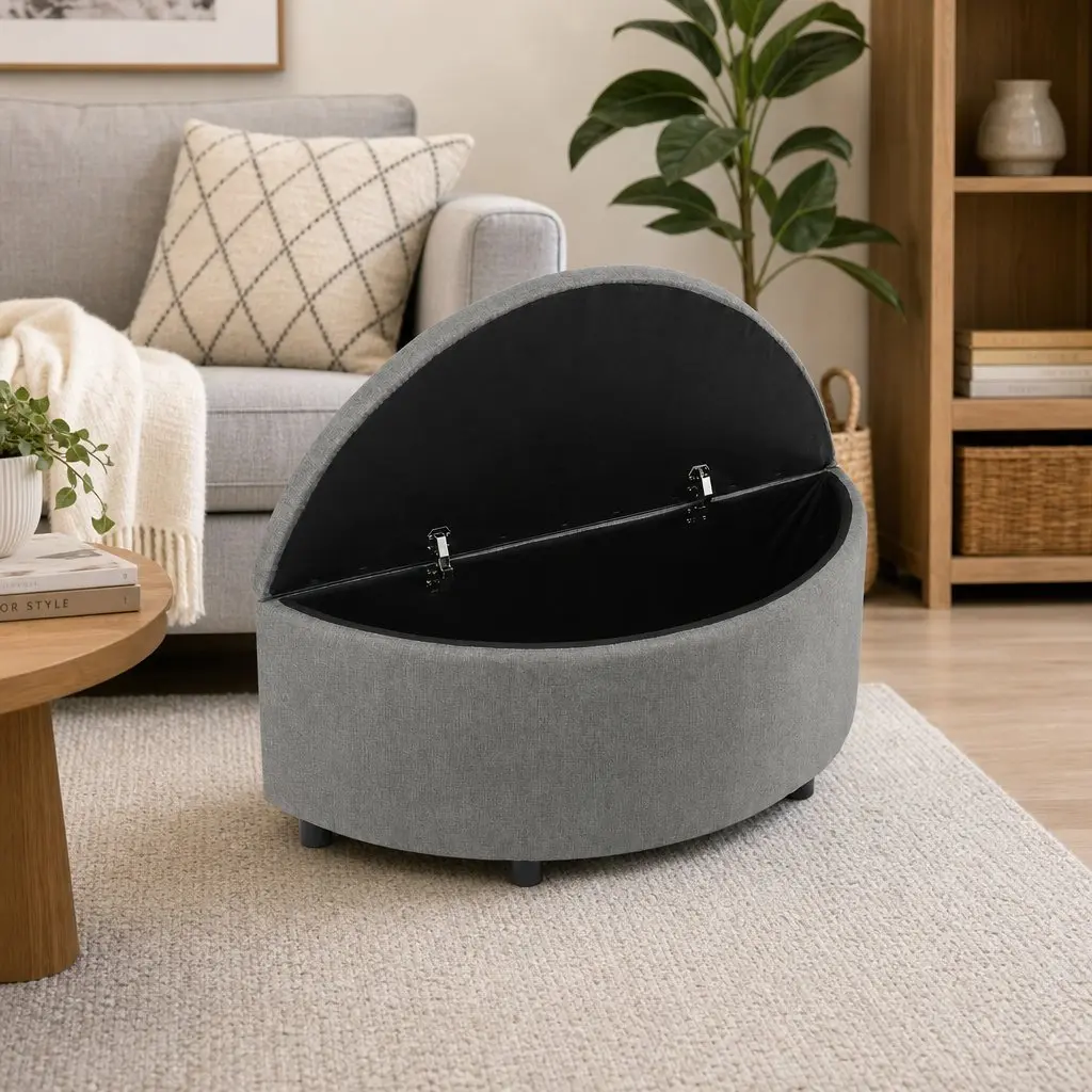 Storage Ottoman Bench Half Round Upholstered Tufted 110cm Grey