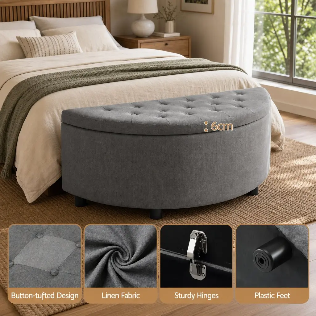 Storage Ottoman Bench Half Round Upholstered Tufted 110cm Grey