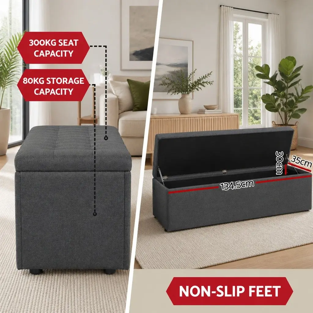 Storage Ottoman Faux Linen 140cm Dark Grey Lift-Up Lid Footstool Seating