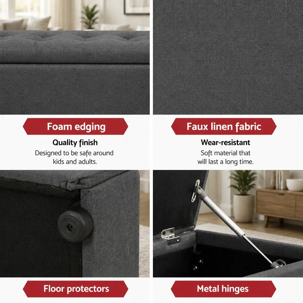 Storage Ottoman Faux Linen 140cm Dark Grey Lift-Up Lid Footstool Seating