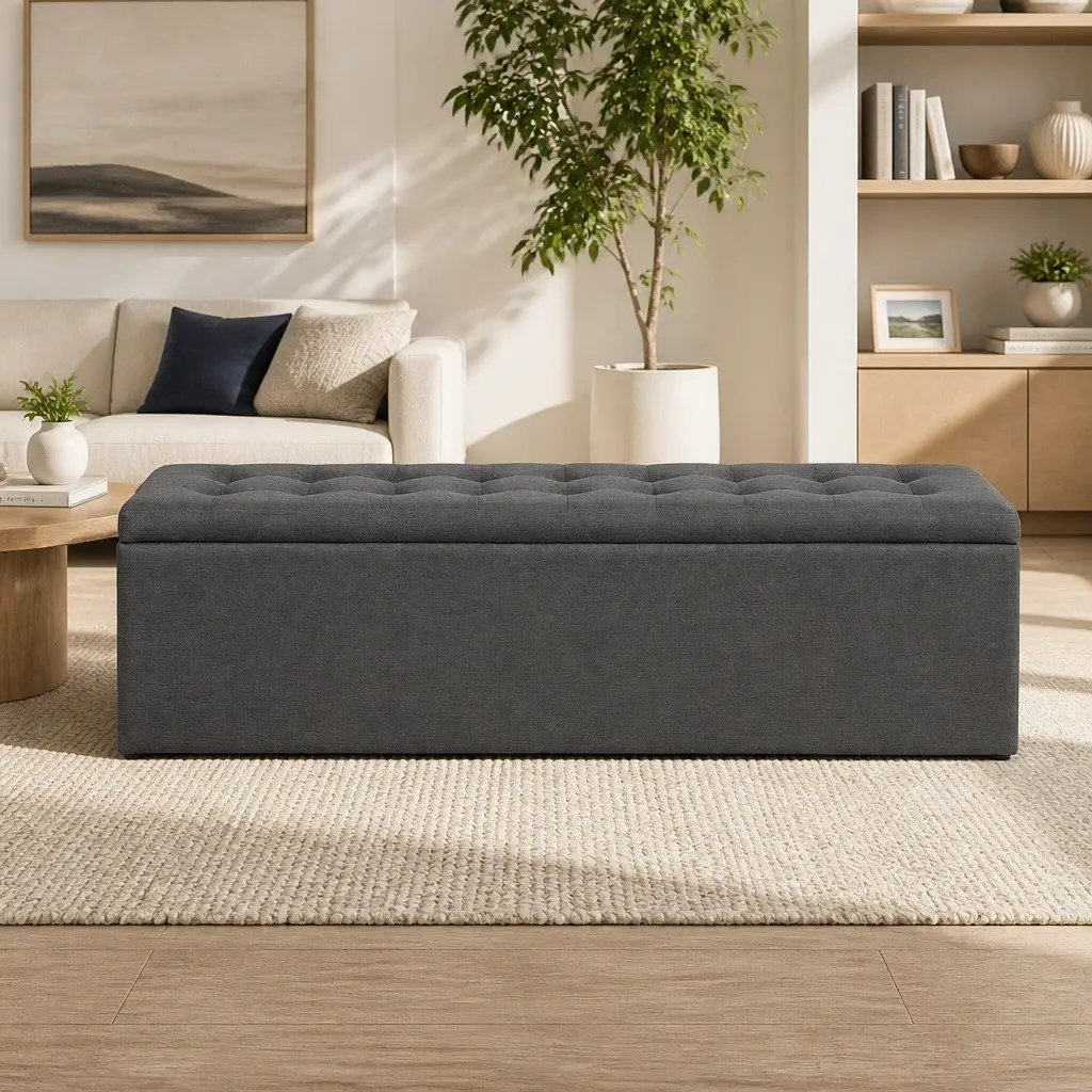 Storage Ottoman Faux Linen 140cm Dark Grey Lift-Up Lid Footstool Seating