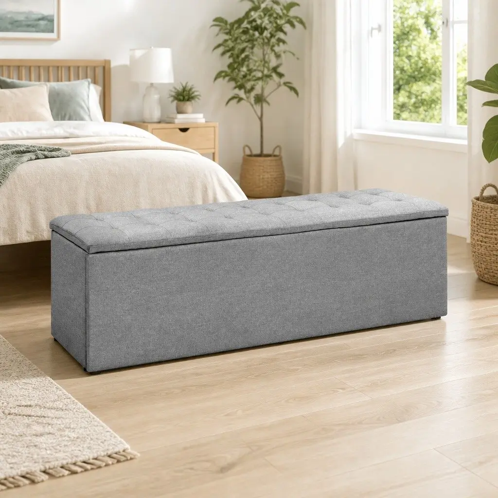 Storage Ottoman Faux Linen 140cm Grey Lift-Up Lid Furniture Footstool