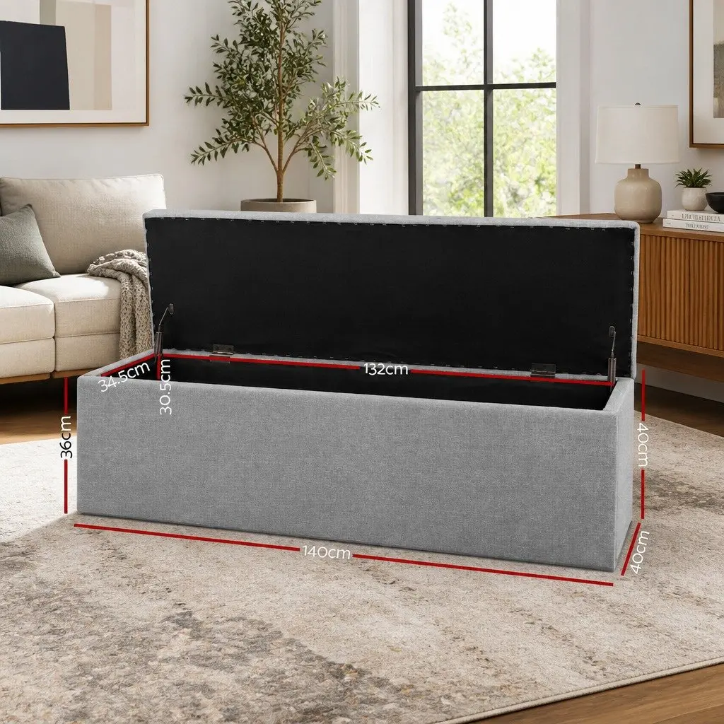 Storage Ottoman Faux Linen 140cm Grey Lift-Up Lid Furniture Footstool
