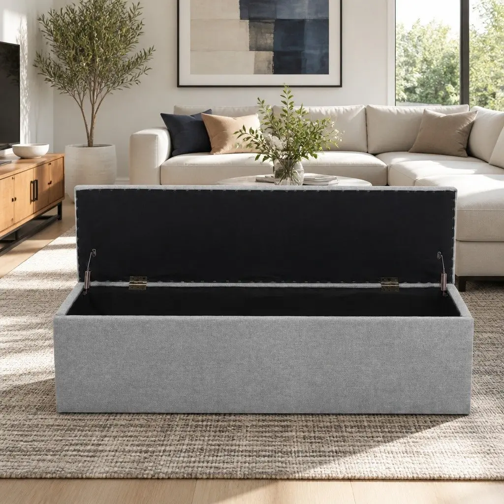 Storage Ottoman Faux Linen 140cm Grey Lift-Up Lid Furniture Footstool