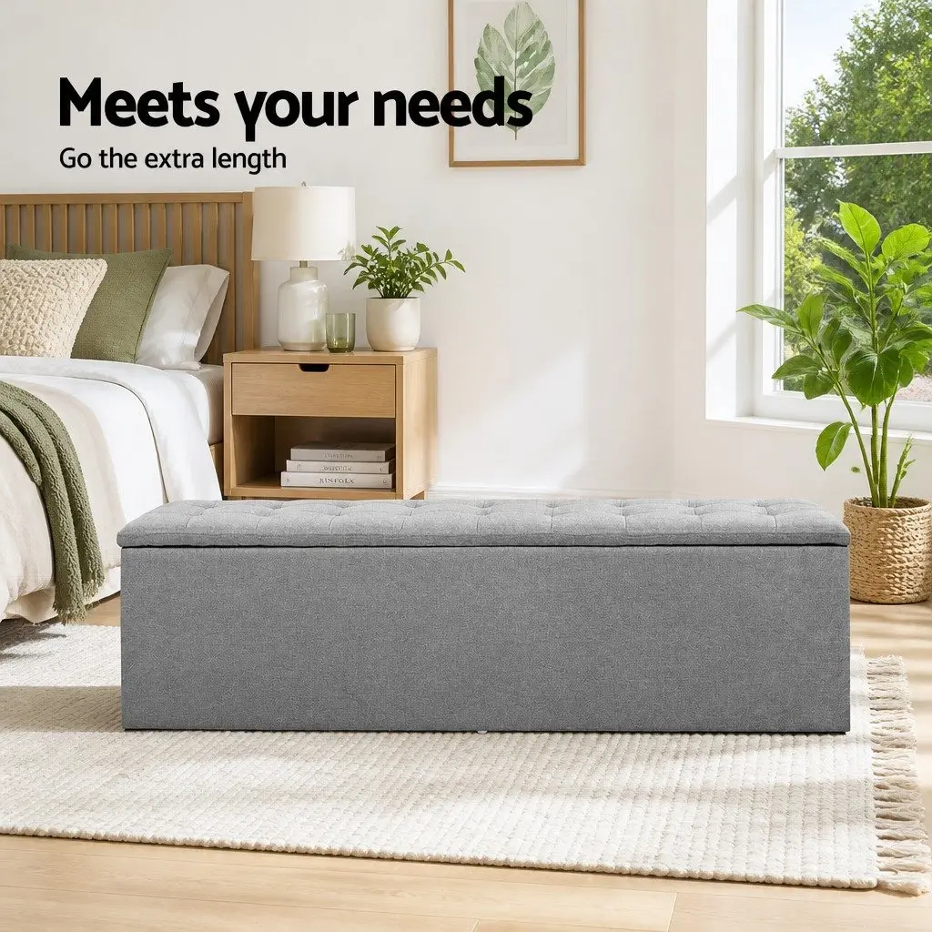 Storage Ottoman Faux Linen 140cm Grey Lift-Up Lid Furniture Footstool