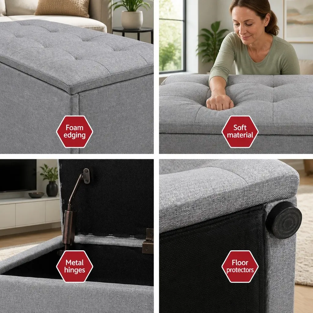 Storage Ottoman Faux Linen 140cm Grey Lift-Up Lid Furniture Footstool
