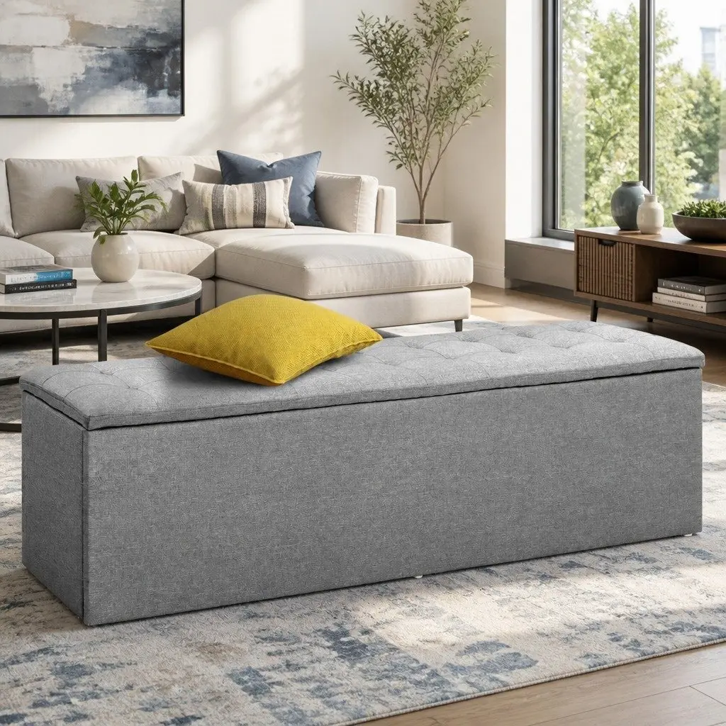 Storage Ottoman Faux Linen 140cm Grey Lift-Up Lid Furniture Footstool