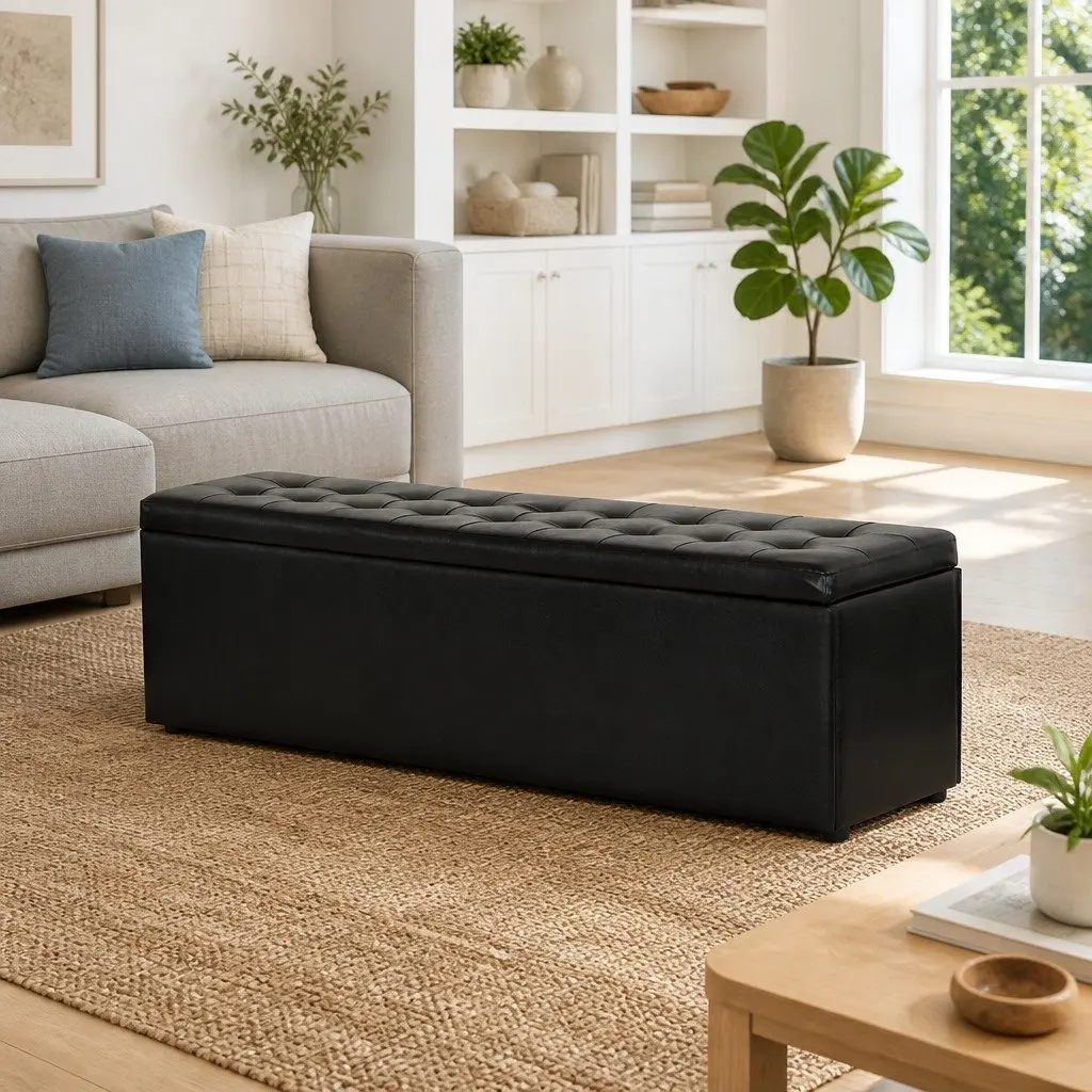 Black Faux Leather Ottoman for Living Room or Bedroom