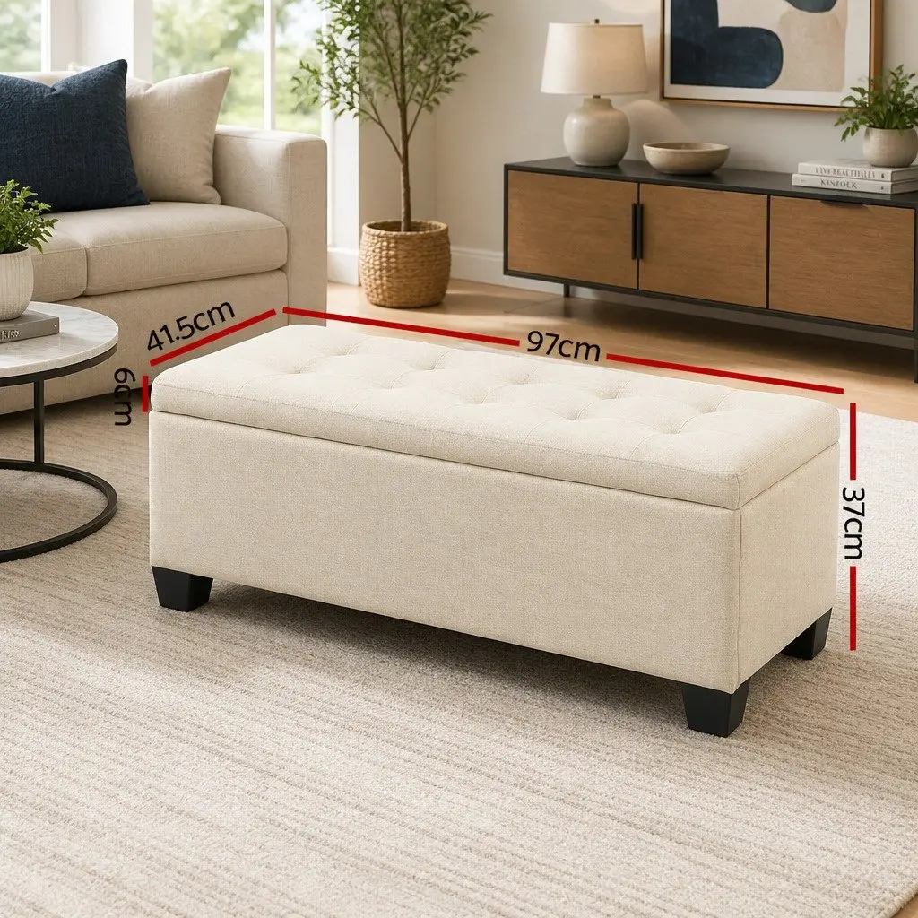 Ottoman Storage Box Lift-Up Lid 97cm Beige Faux Linen Bedroom Living Room Footrest