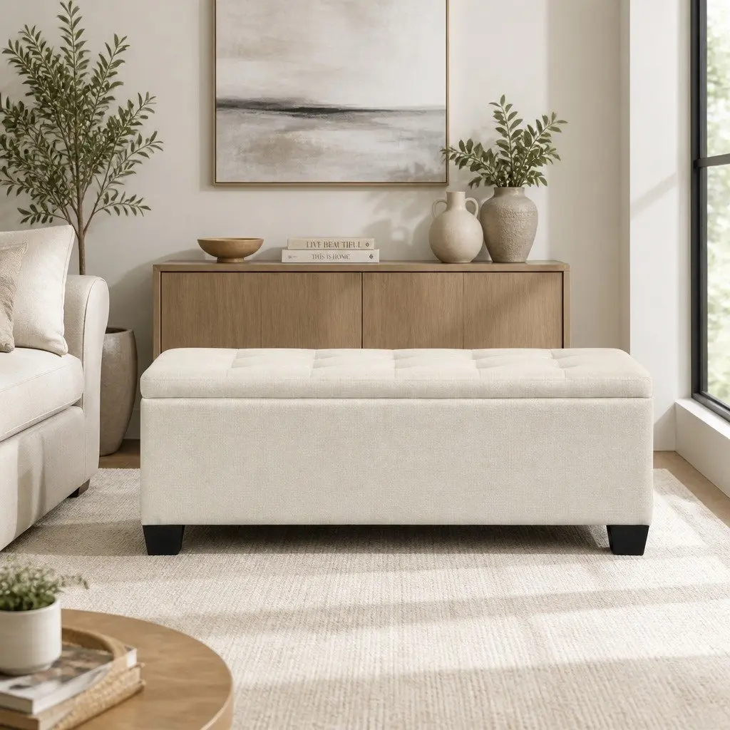 Ottoman Storage Box Lift-Up Lid 97cm Beige Faux Linen Bedroom Living Room Footrest