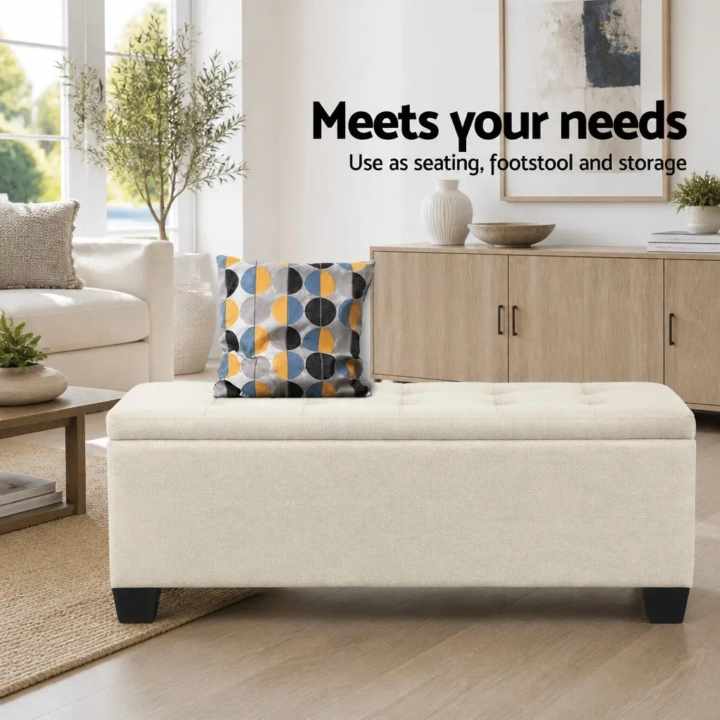 Ottoman Storage Box Lift-Up Lid 97cm Beige Faux Linen Bedroom Living Room Footrest