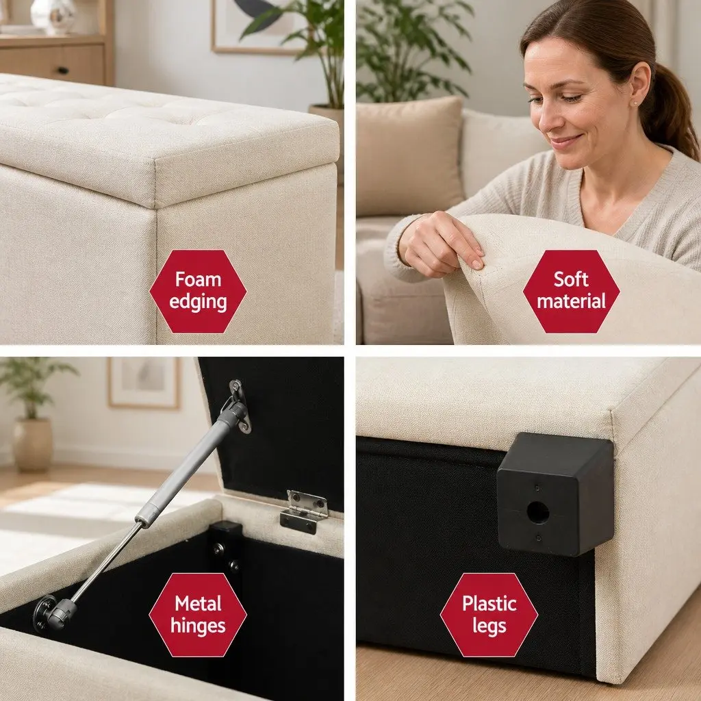 Ottoman Storage Box Lift-Up Lid 97cm Beige Faux Linen Bedroom Living Room Footrest