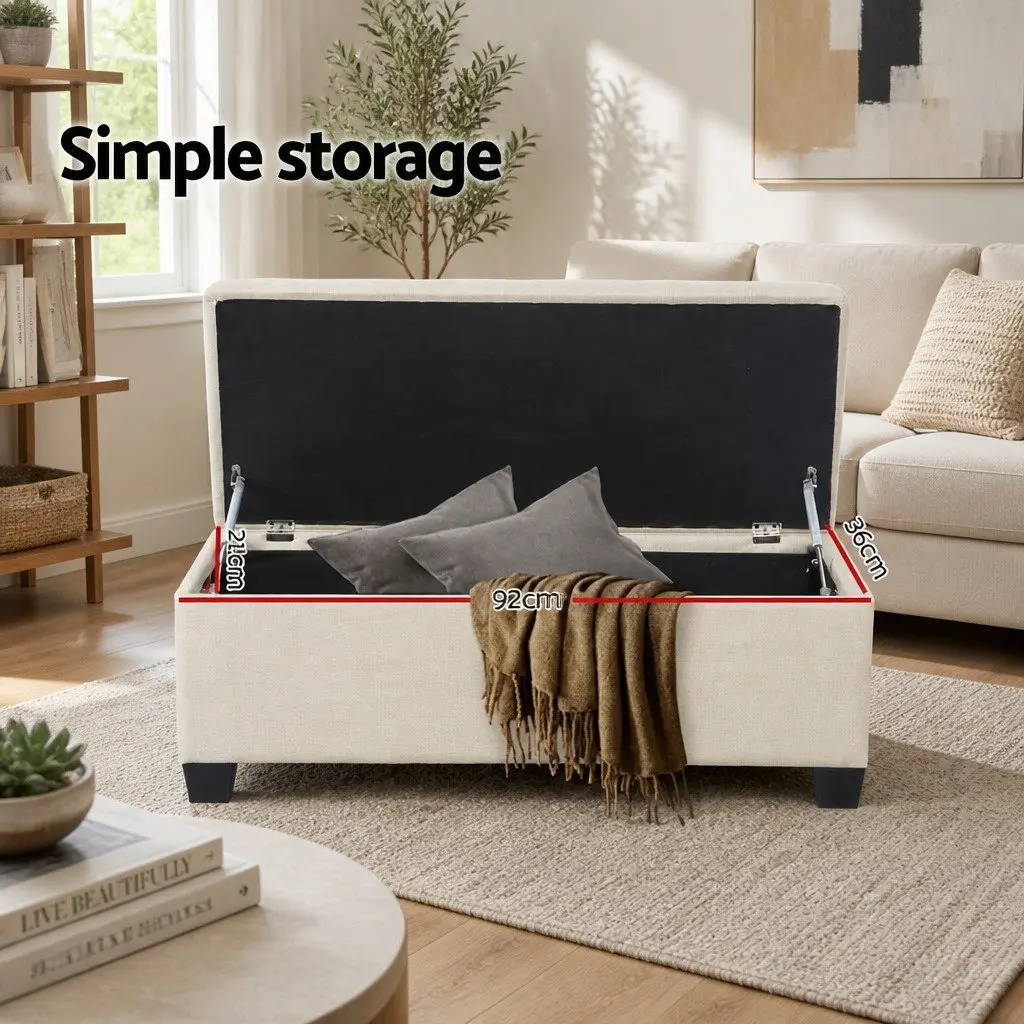Ottoman Storage Box Lift-Up Lid 97cm Beige Faux Linen Bedroom Living Room Footrest