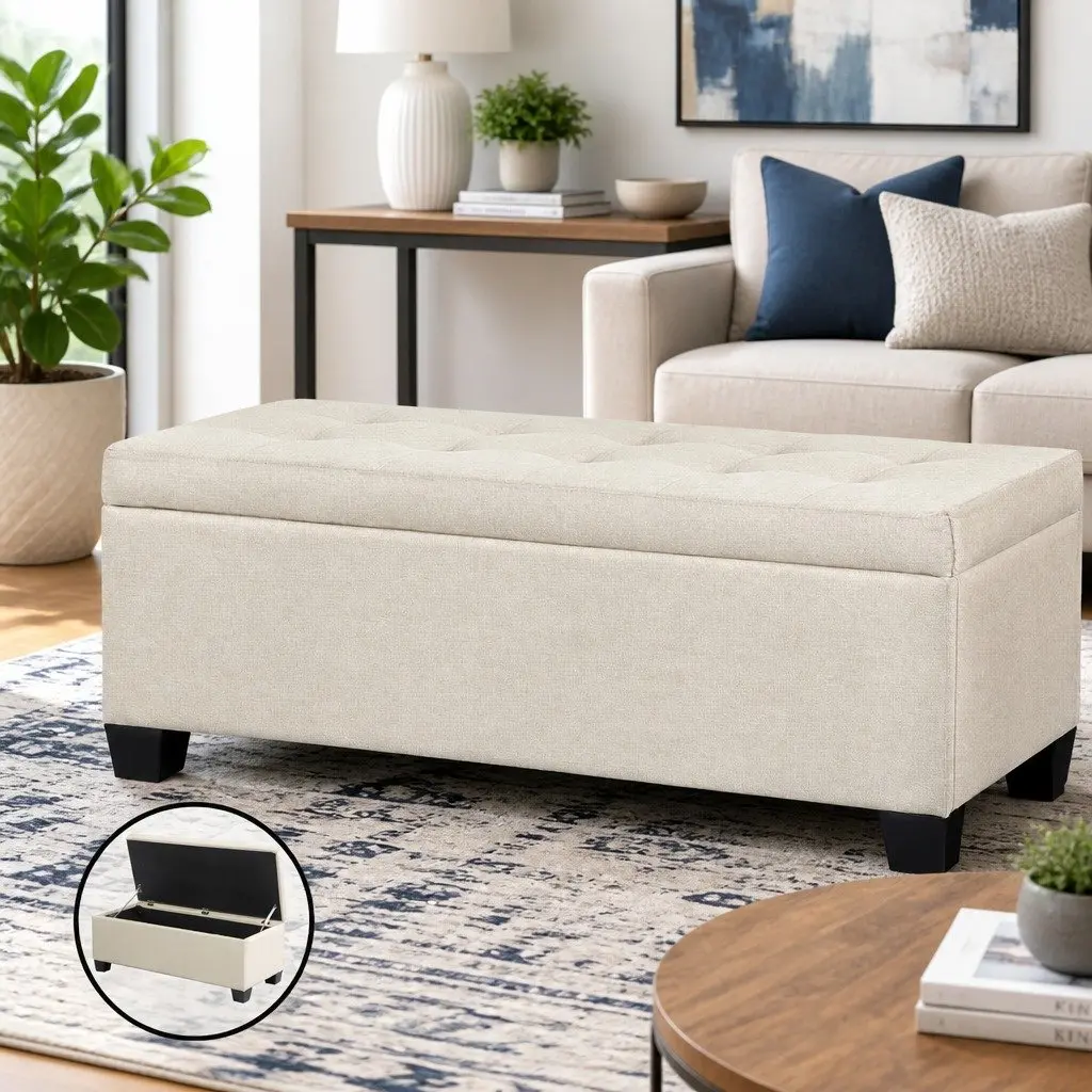 Ottoman Storage Box Lift-Up Lid 97cm Beige Faux Linen Bedroom Living Room Footrest