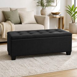 Storage Ottoman Blanket Box 97cm Lift-Up Lid Black Linen Footstool Seating