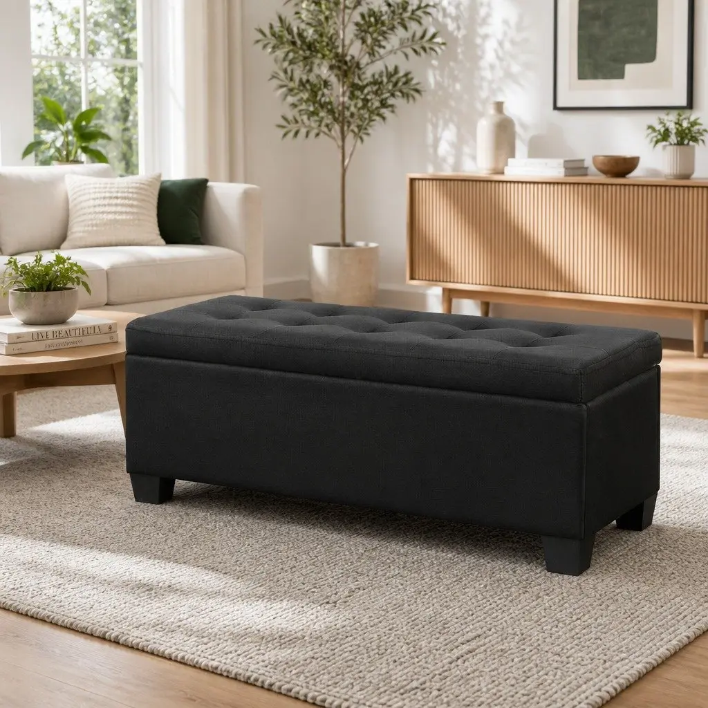 Storage Ottoman Faux Linen 97cm Black Lift-Up Lid Footstool