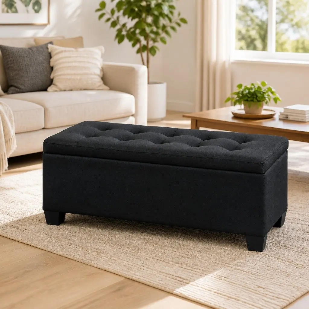Storage Ottoman Faux Linen 97cm Black Lift-Up Lid Footstool