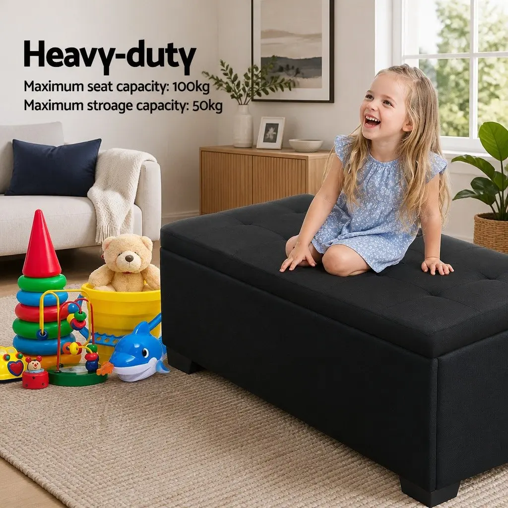 Storage Ottoman Faux Linen 97cm Black Lift-Up Lid Footstool