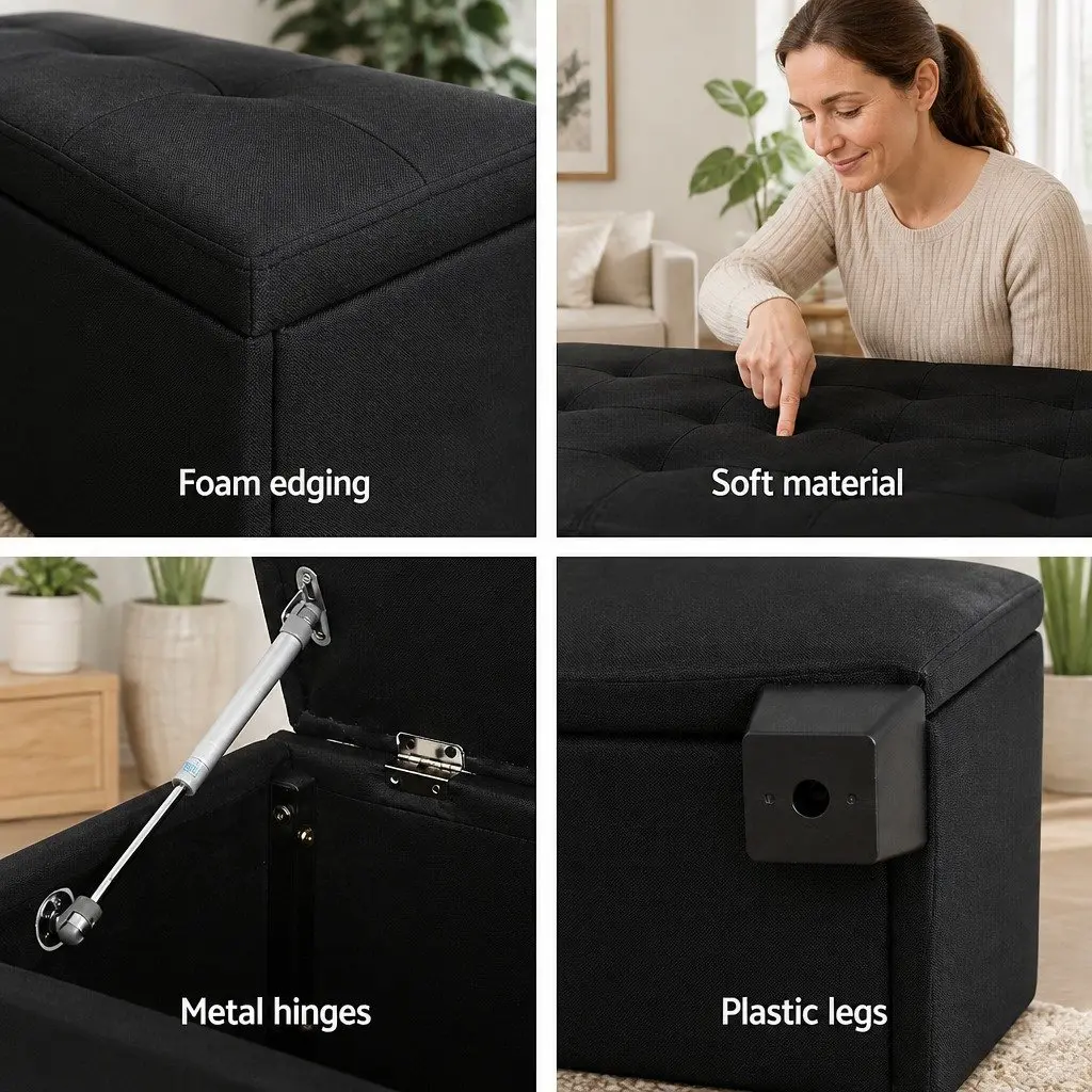 Storage Ottoman Faux Linen 97cm Black Lift-Up Lid Footstool