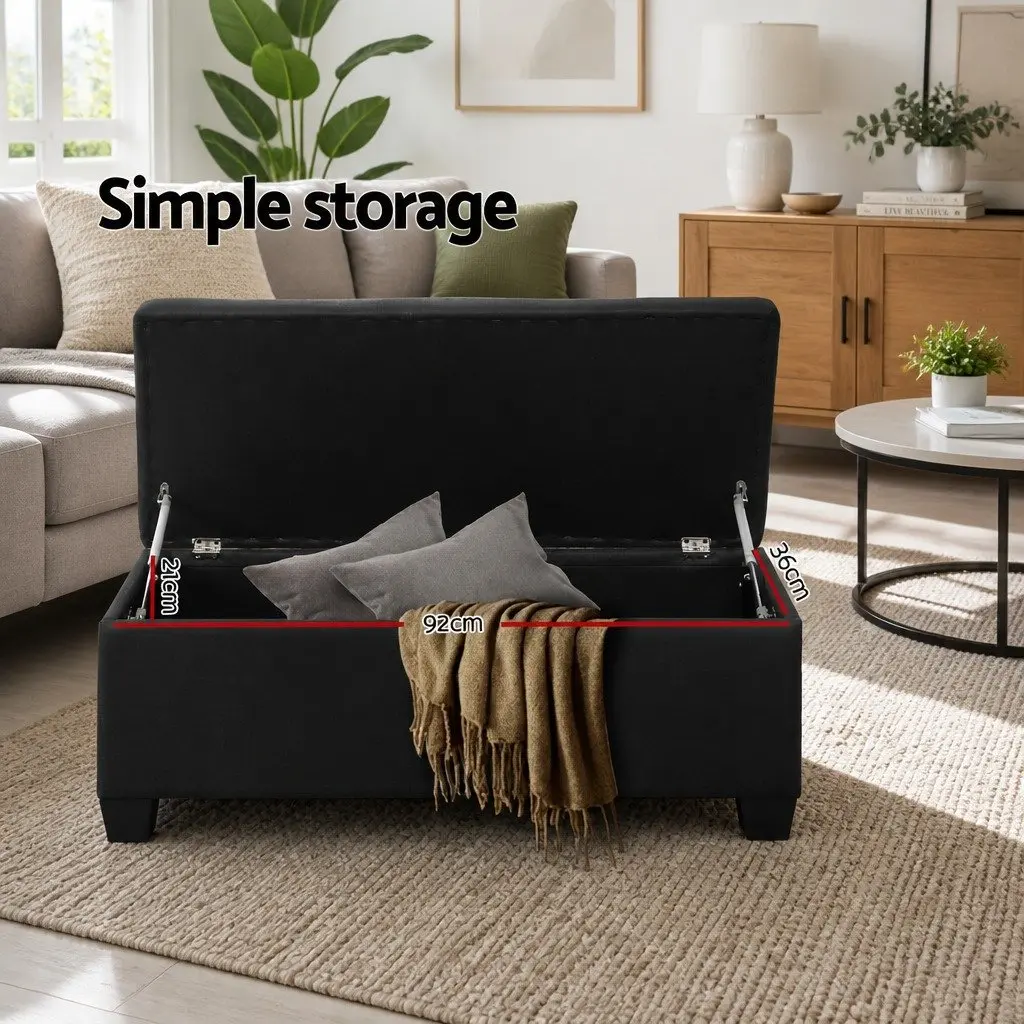 Storage Ottoman Faux Linen 97cm Black Lift-Up Lid Footstool