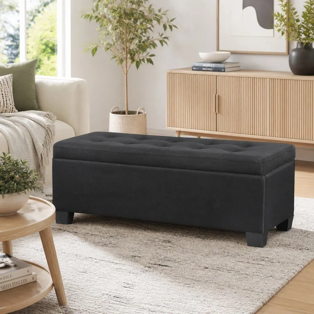 Storage Ottoman Faux Linen 97cm Black Lift-Up Lid Footstool