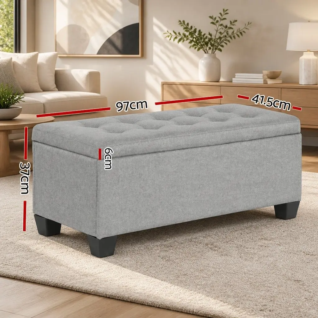 Storage Ottoman Faux Linen 97cm Light Grey Lift-up Lid