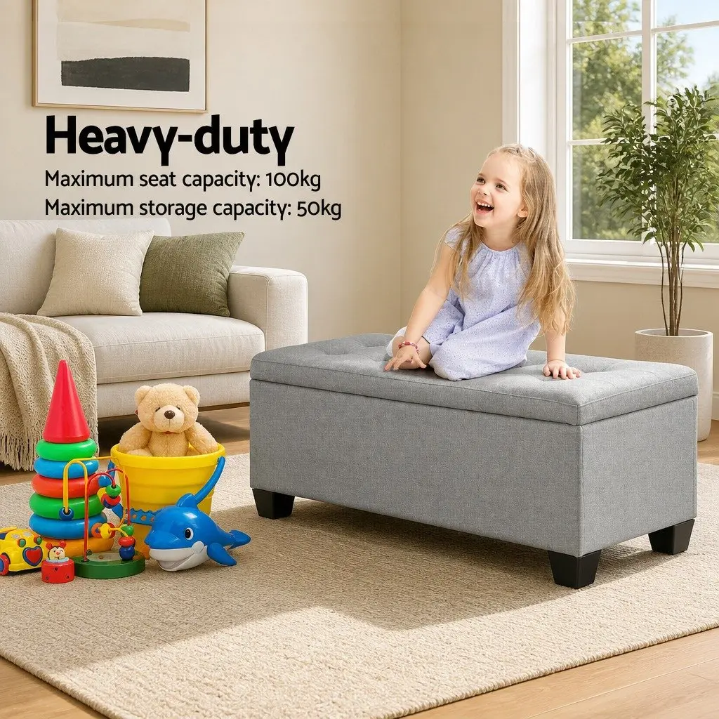 Storage Ottoman Faux Linen 97cm Light Grey Lift-up Lid