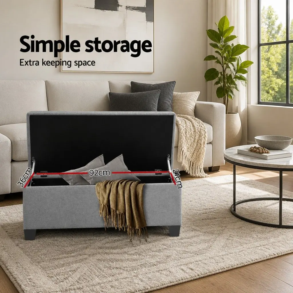 Storage Ottoman Faux Linen 97cm Light Grey Lift-up Lid