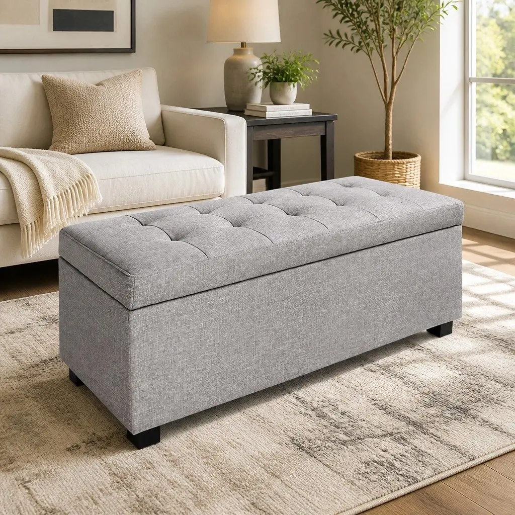 Storage Ottoman Faux Linen 97cm Light Grey Lift-up Lid