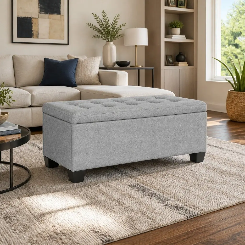 Storage Ottoman Faux Linen 97cm Light Grey Lift-up Lid