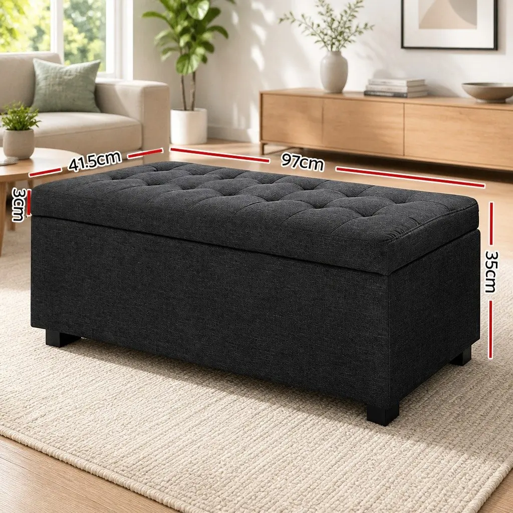Storage Ottoman Faux Linen 97cm Charcoal Lift-Up Lid Home Furniture