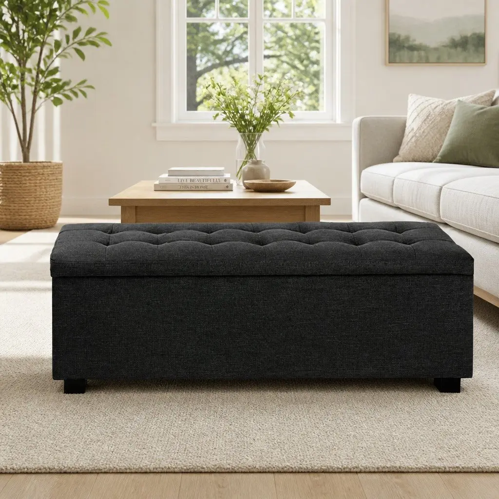 Storage Ottoman Faux Linen 97cm Charcoal Lift-Up Lid Home Furniture
