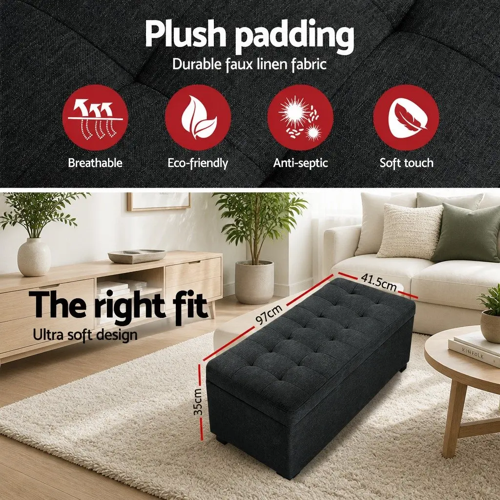 Storage Ottoman Faux Linen 97cm Charcoal Lift-Up Lid Home Furniture