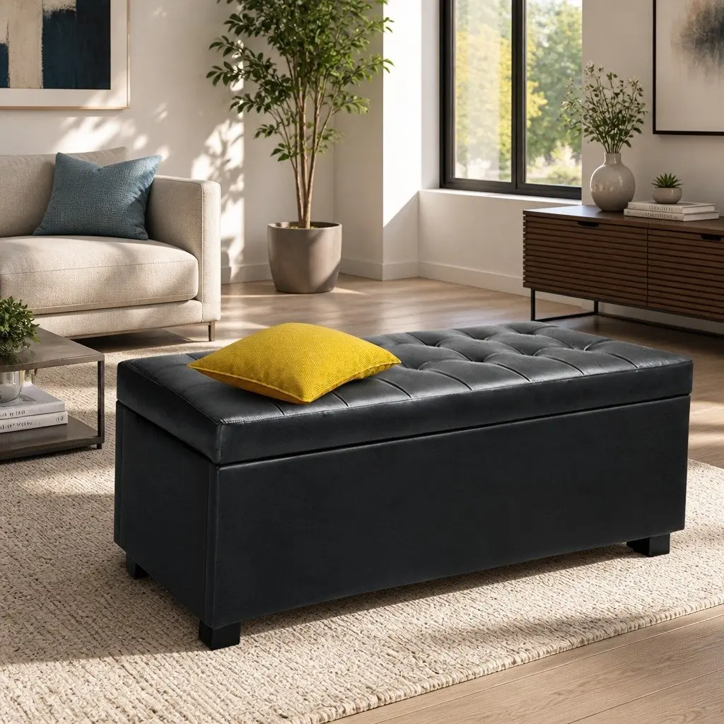 Ottoman Storage Box Faux Leather Lift Top Black 97cm Multifunctional Furniture Living Room Footrest
