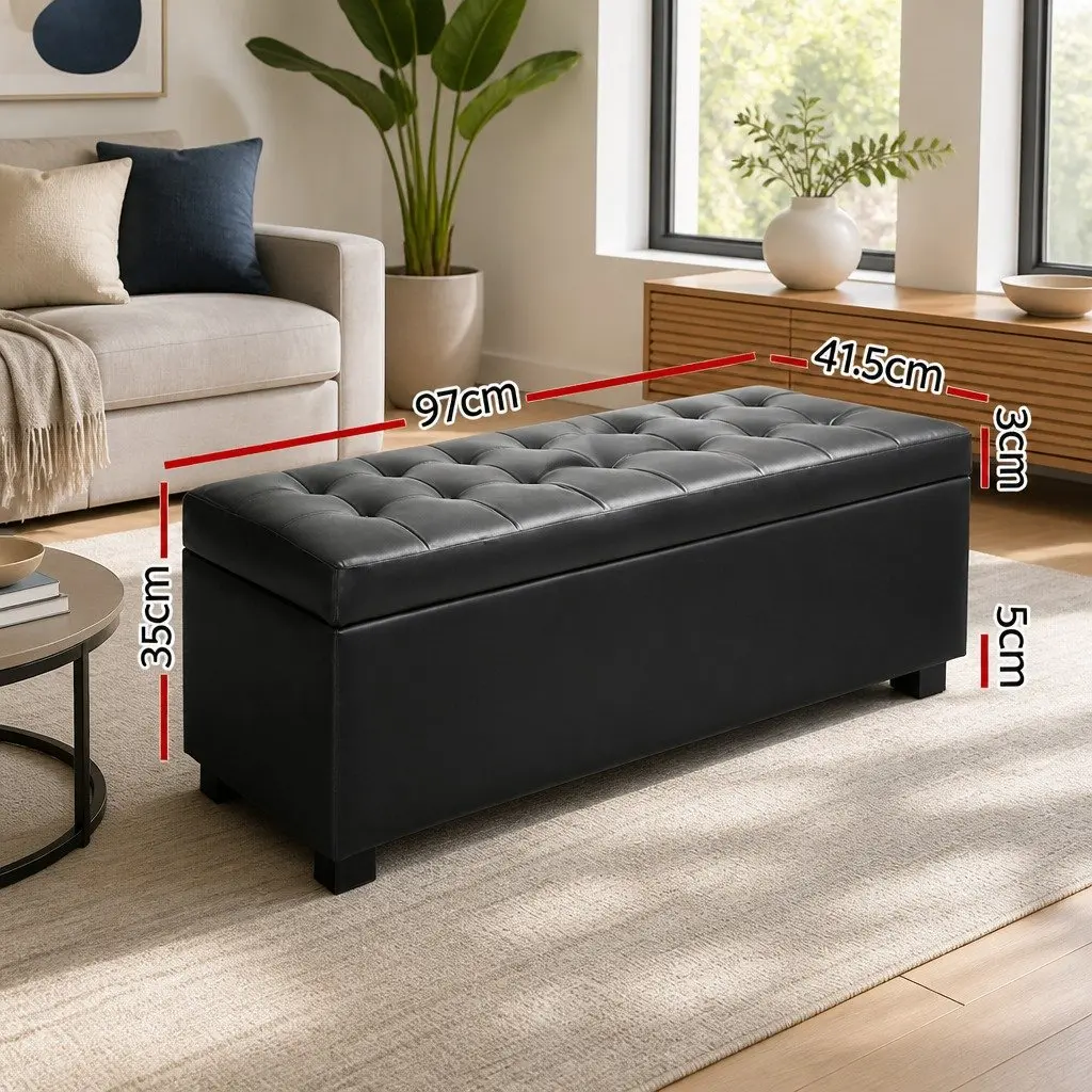 Ottoman Storage Box Faux Leather Lift Top Black 97cm Multifunctional Furniture Living Room Footrest