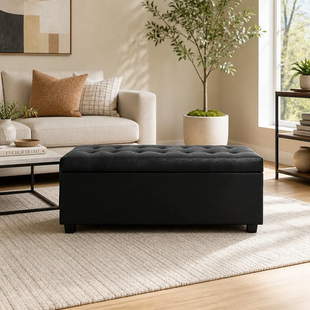 Ottoman Storage Box Faux Leather Lift Top Black 97cm Multifunctional Furniture Living Room Footrest