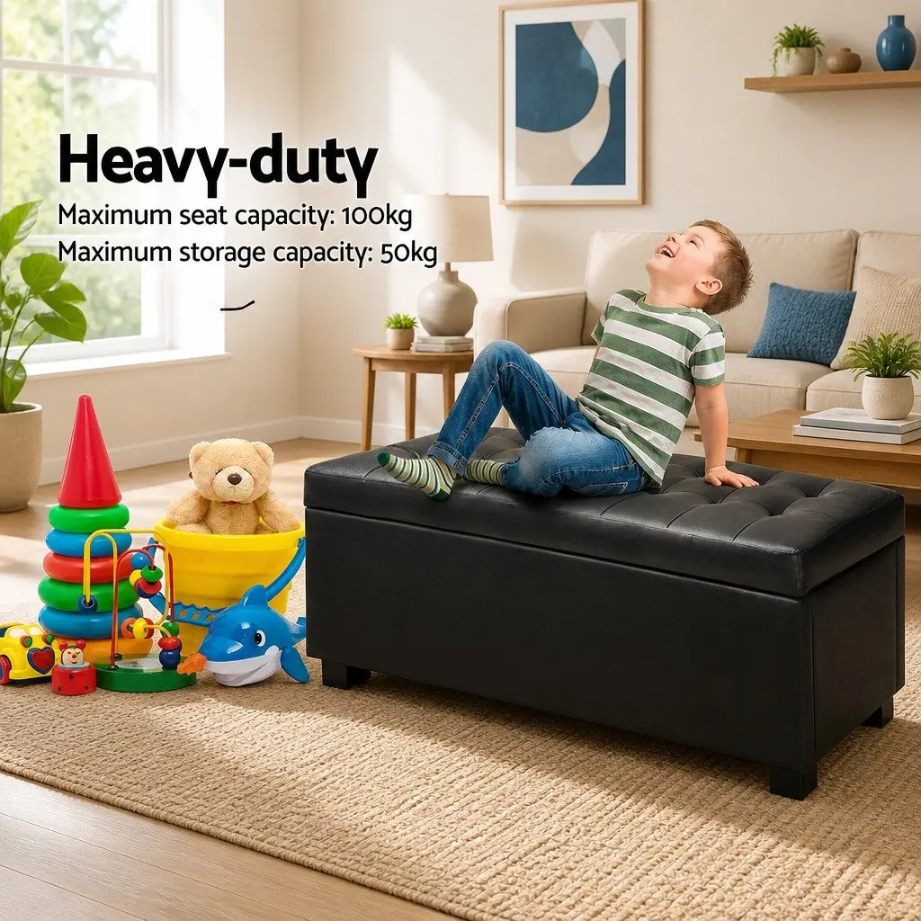 Ottoman Storage Box Faux Leather Lift Top Black 97cm Multifunctional Furniture Living Room Footrest