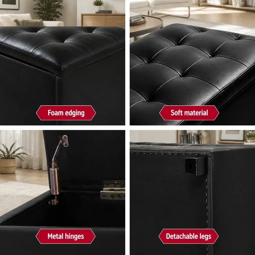 Ottoman Storage Box Faux Leather Lift Top Black 97cm Multifunctional Furniture Living Room Footrest
