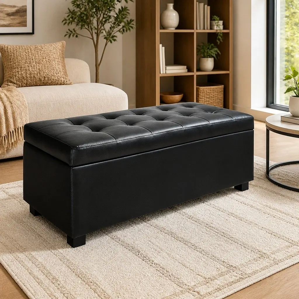Ottoman Storage Box Faux Leather Lift Top Black 97cm Multifunctional Furniture Living Room Footrest