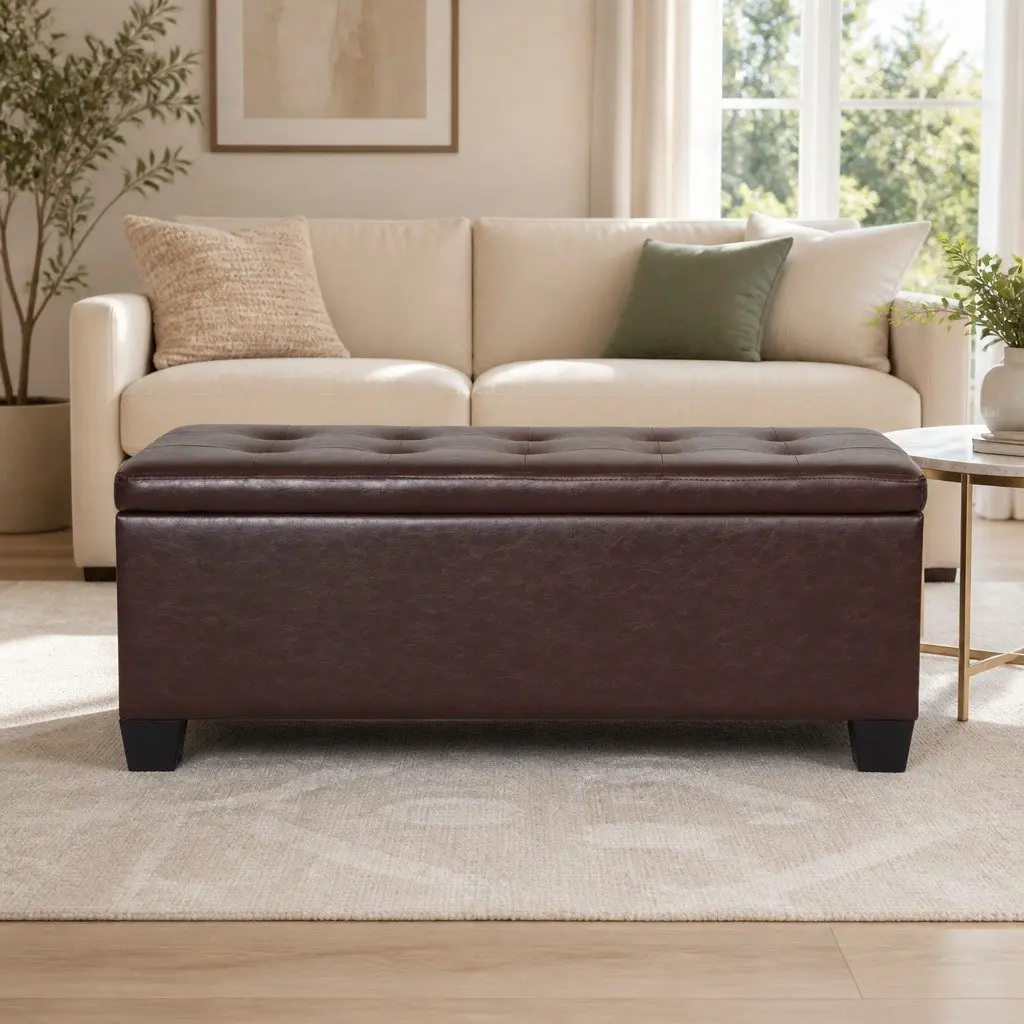 Storage Ottoman Faux Leather 97cm Brown Lift-Up Lid Furniture