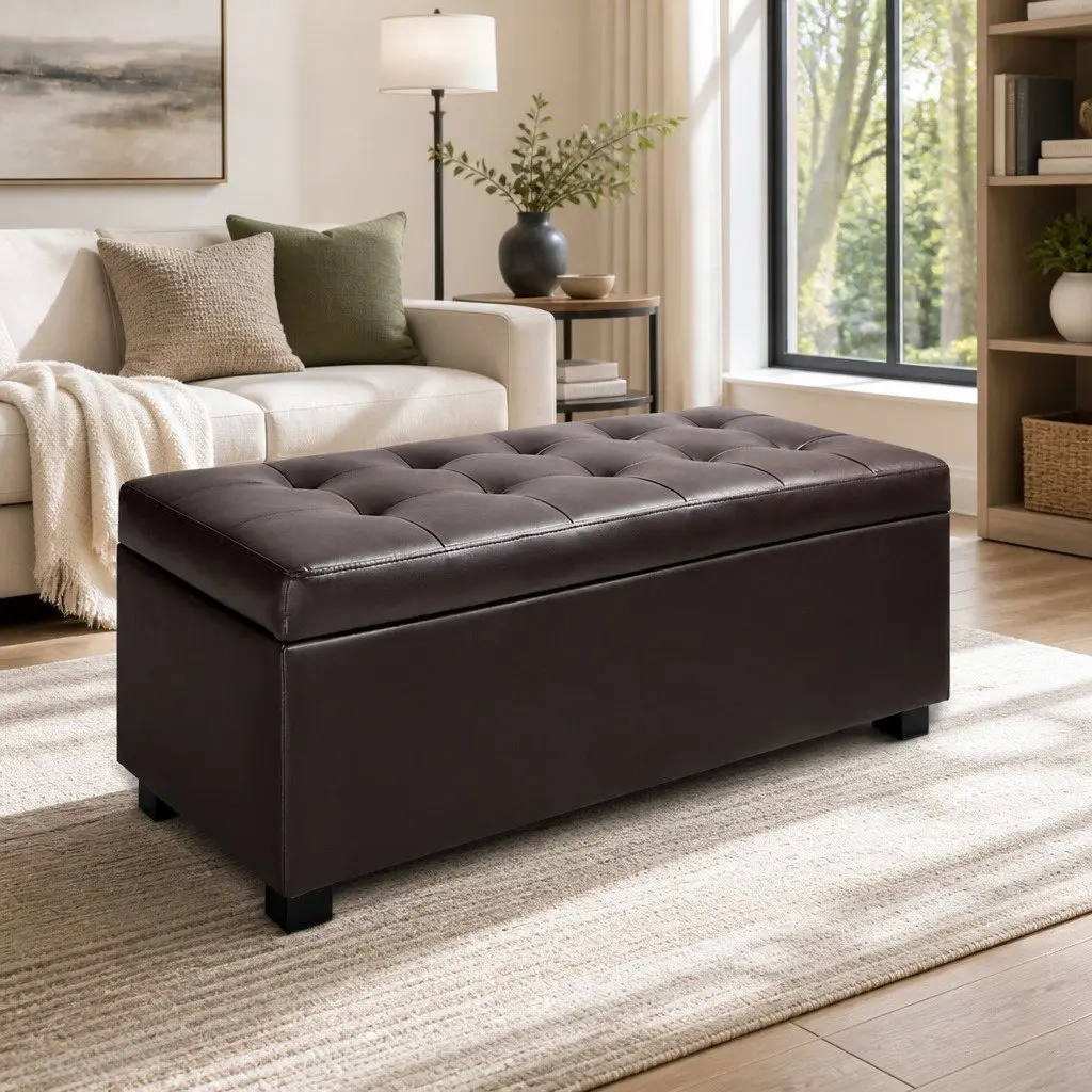 Storage Ottoman Faux Leather 97cm Brown Lift-Up Lid Furniture