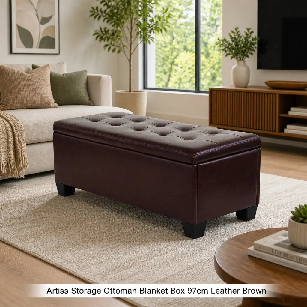 Storage Ottoman Faux Leather 97cm Brown Lift-Up Lid Furniture