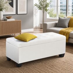 Storage Ottoman Blanket Box 97cm Lift-Up Lid White Faux Leather Footstool