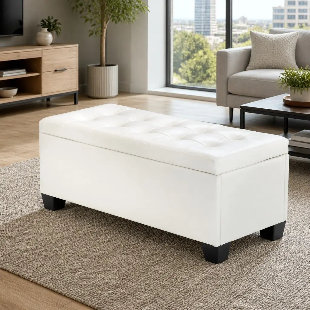 Storage Ottoman Faux Leather 97cm White Lift-Up Lid Footstool