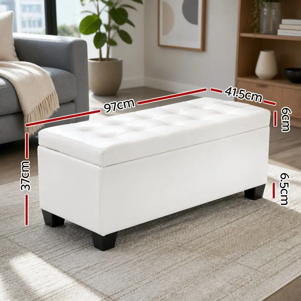 Storage Ottoman Faux Leather 97cm White Lift-Up Lid Footstool