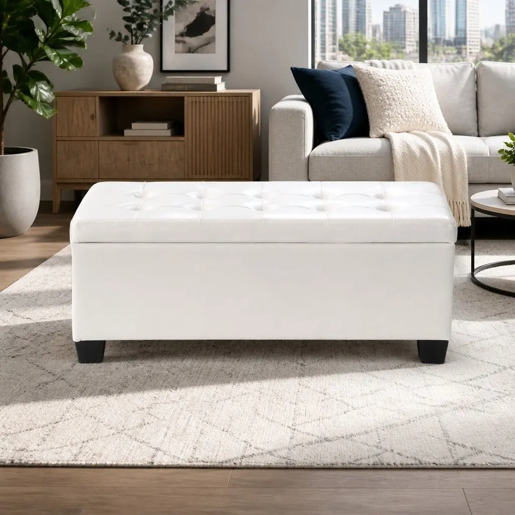 Storage Ottoman Faux Leather 97cm White Lift-Up Lid Footstool
