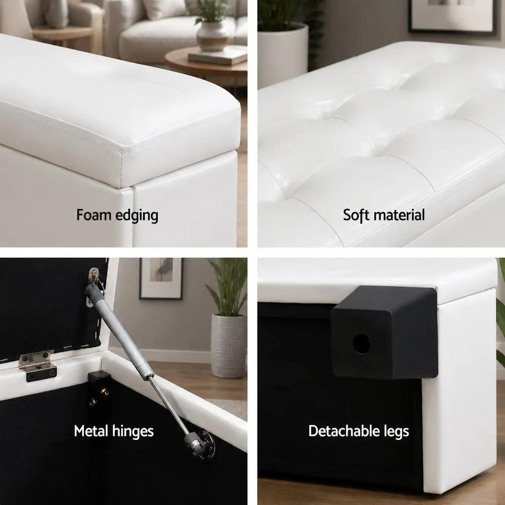 Storage Ottoman Faux Leather 97cm White Lift-Up Lid Footstool